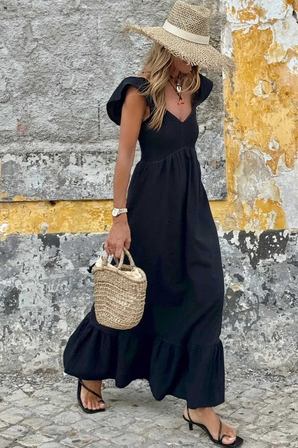 Black V Neck High Waist Maxi Dress