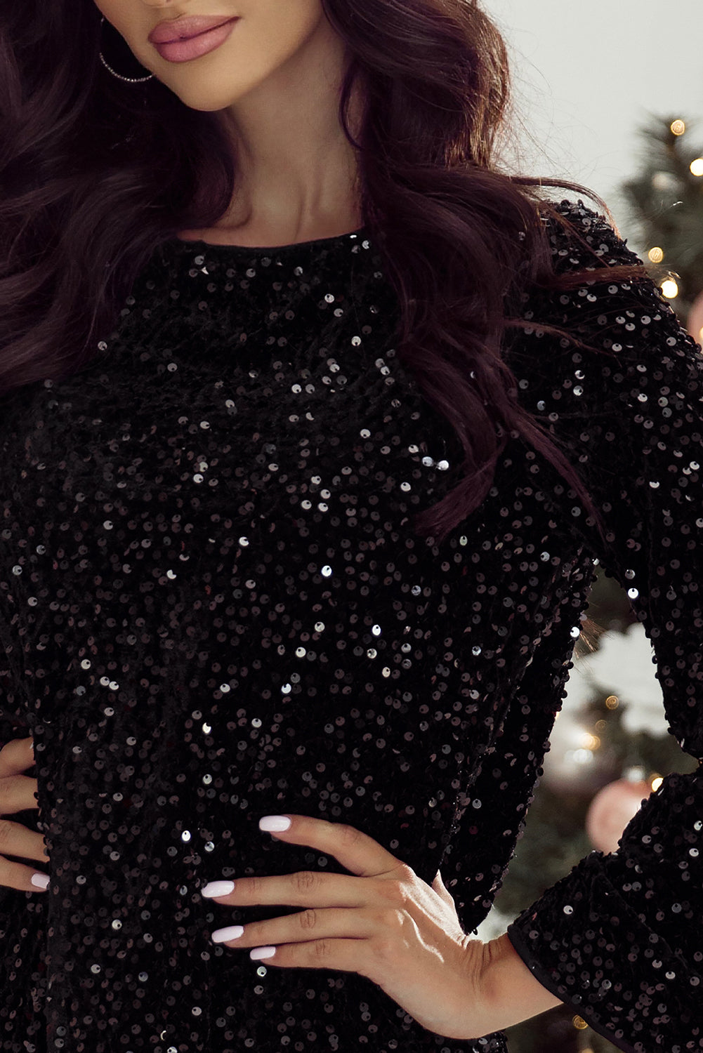 Black Sequin Long Sleeve Mini Dress