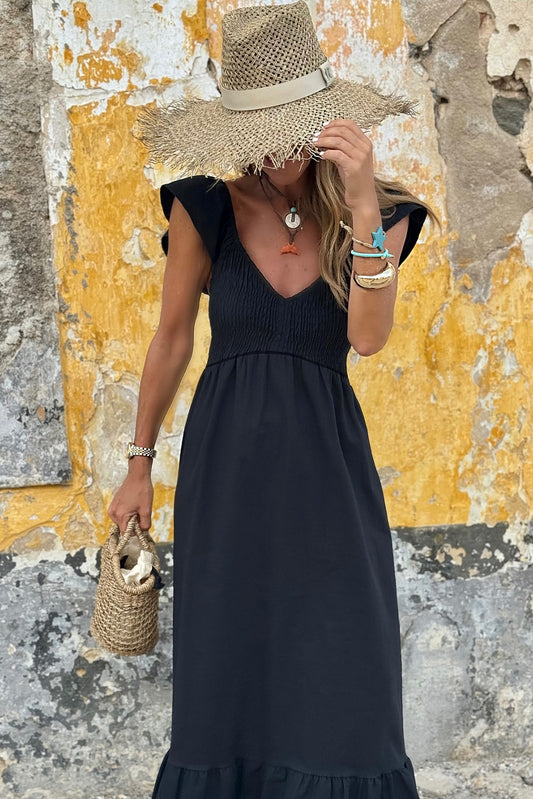 Black V Neck High Waist Maxi Dress