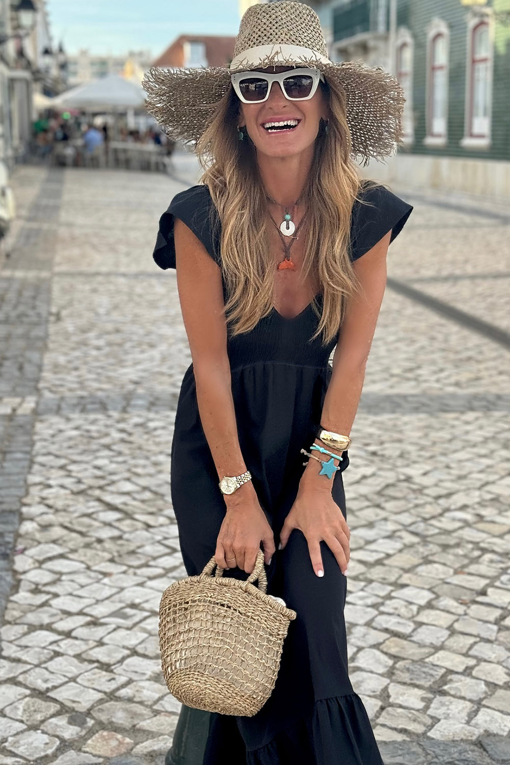 Black V Neck High Waist Maxi Dress