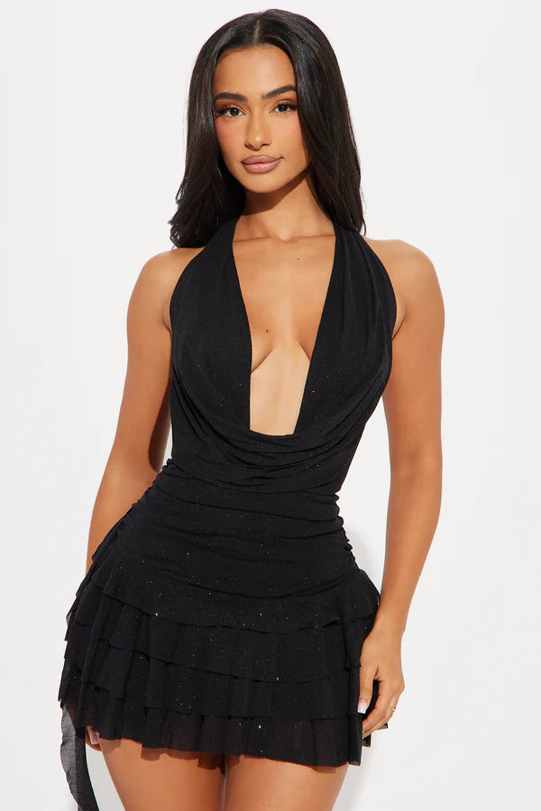 Kaia Glitter Mesh Micro Mini Dress - Black