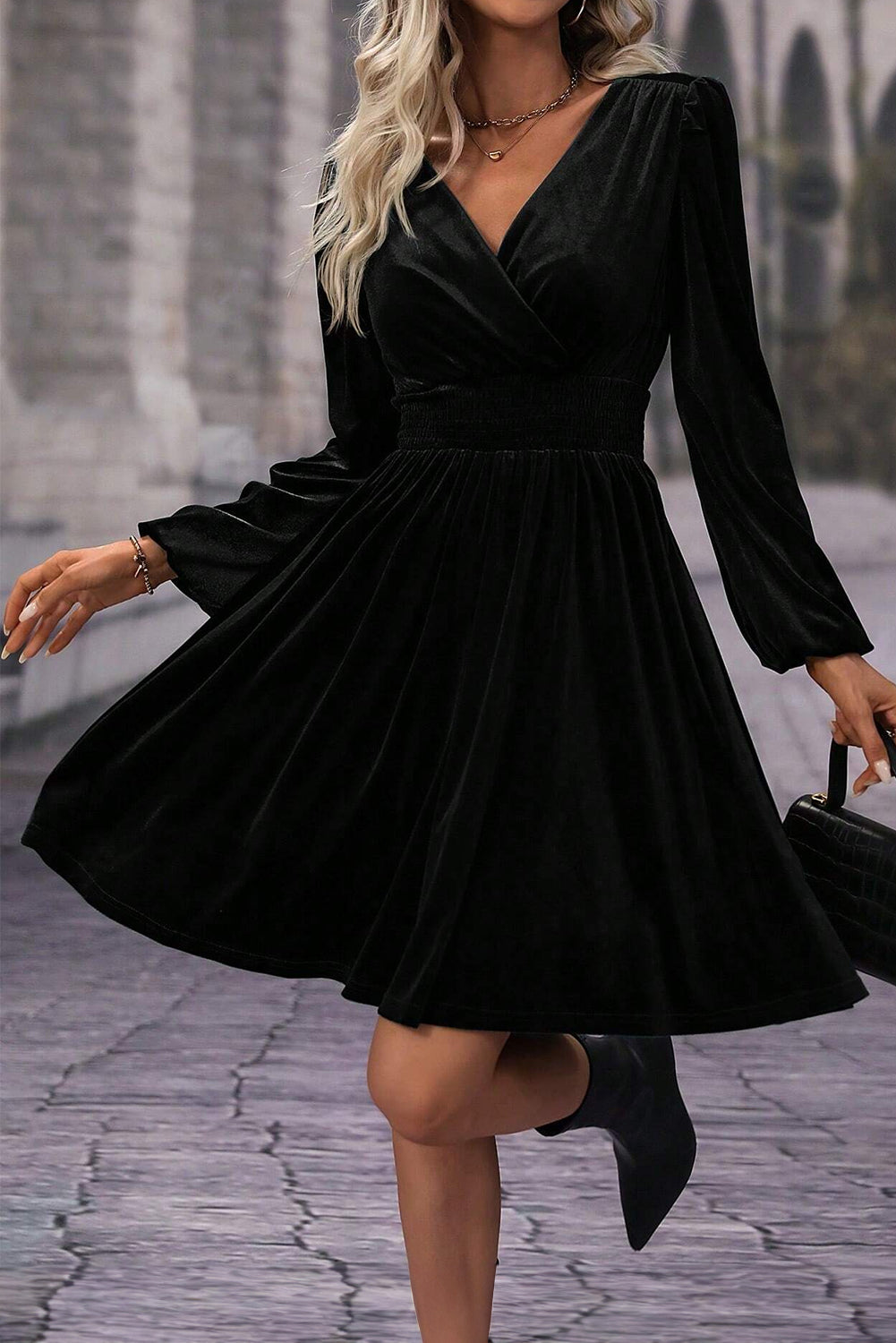 Black Velvet Long Sleeve Mini Dress