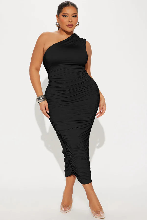 Perfect Frame Double Lined Ruched Midi Dress - Black