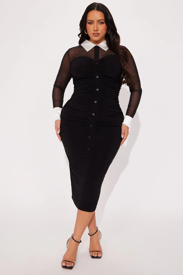 She Means Business Mesh Shirt Midi Dress - Black