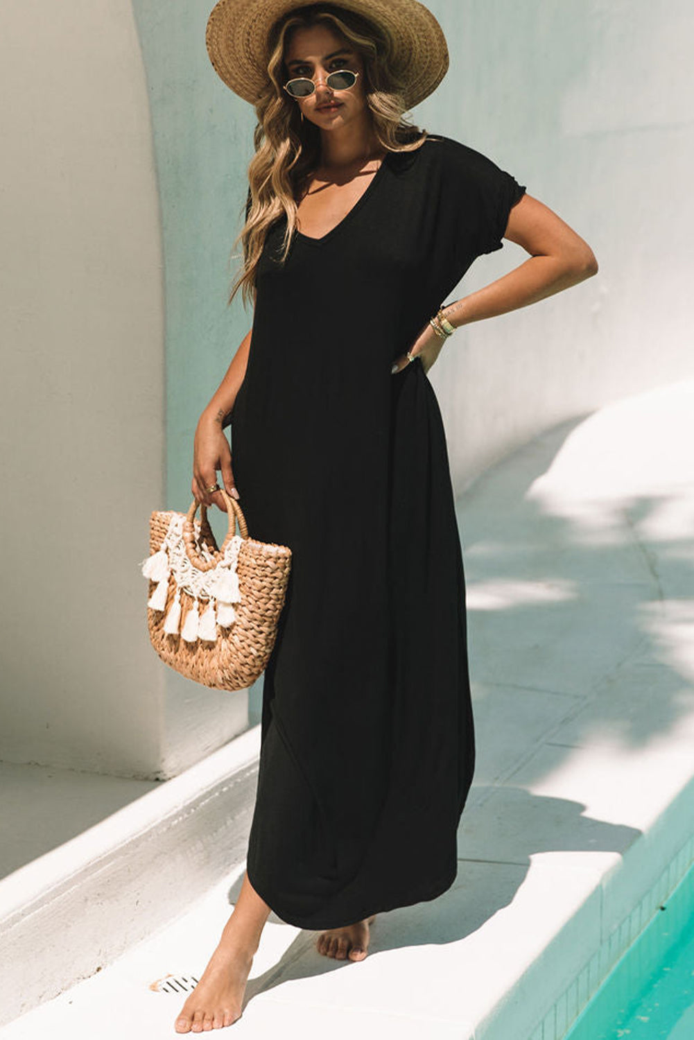 Black V Neck Maxi T-shirt Dress