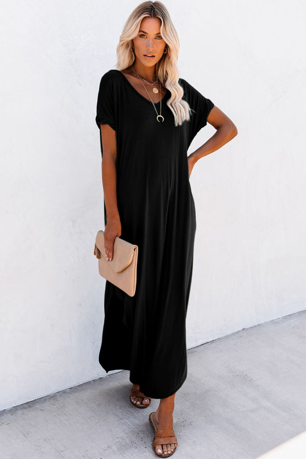 Black V Neck Maxi T-shirt Dress