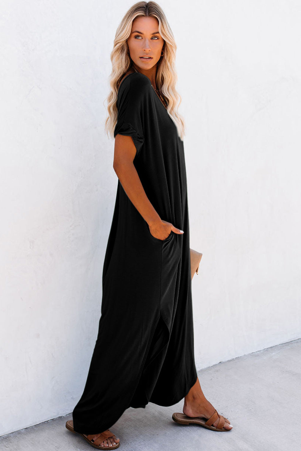 Black V Neck Maxi T-shirt Dress