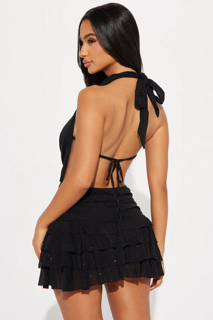 Kaia Glitter Mesh Micro Mini Dress - Black