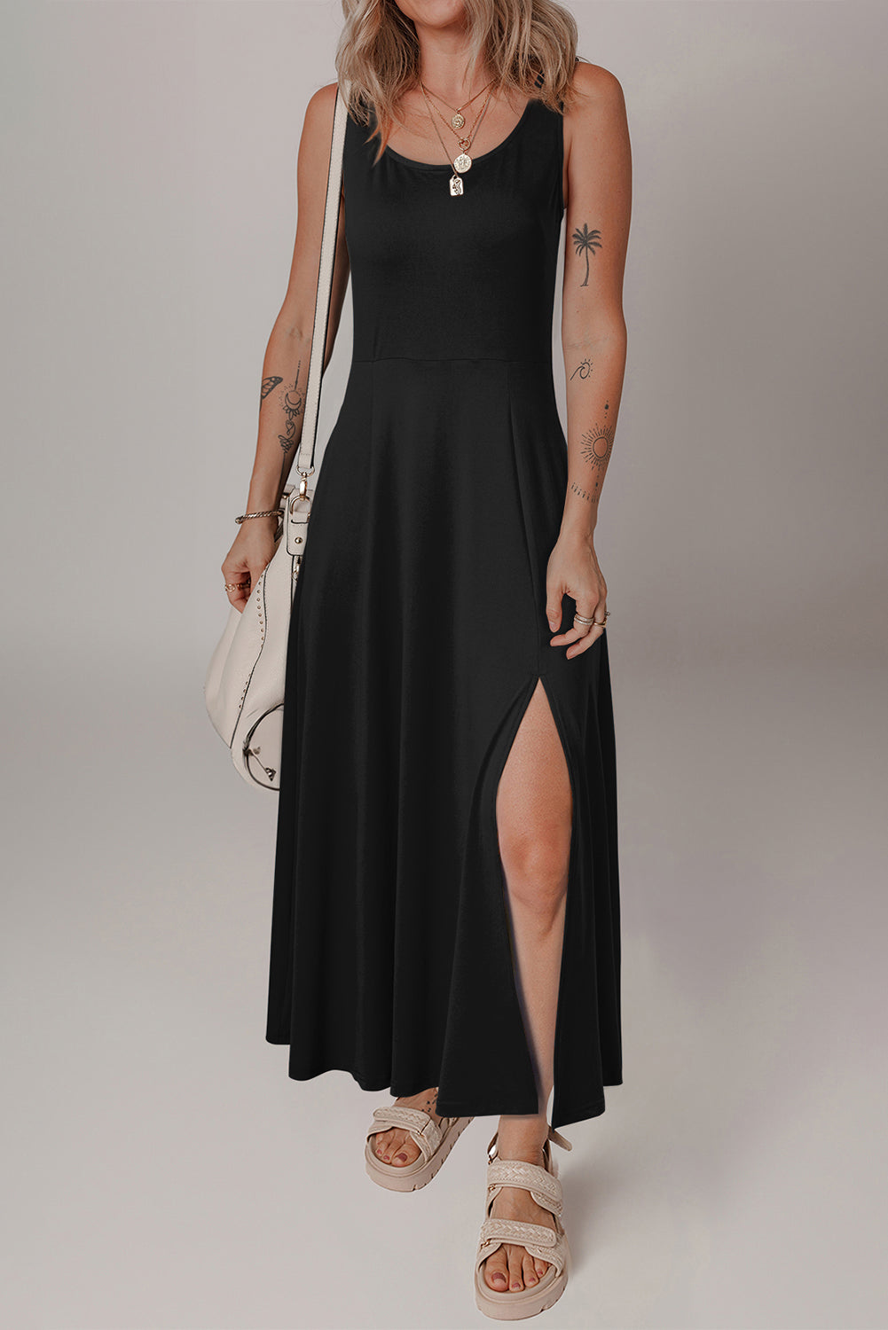 Black Sleeveless Split Midi Dress