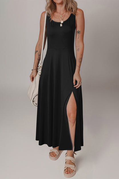 Black Sleeveless Split Midi Dress