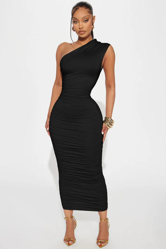 Perfect Frame Double Lined Ruched Midi Dress - Black