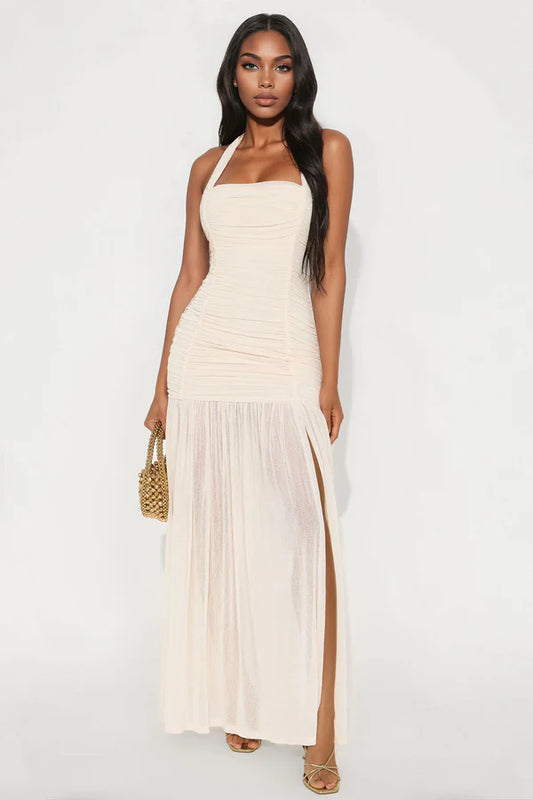 Brenda Halter Mesh Maxi Dress - Ivory