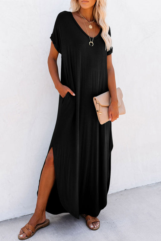 Black V Neck Maxi T-shirt Dress