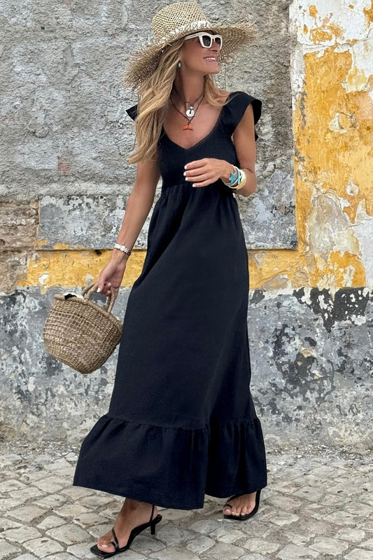 Black V Neck High Waist Maxi Dress